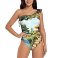 thumbnail image 4 of Daiia Cartoon Mushroom House Women's One Piece Swimsuits Personalized One Shoulder Swimwear Asymmetric Ruffle Bathing Suits-Large, 4 of 8