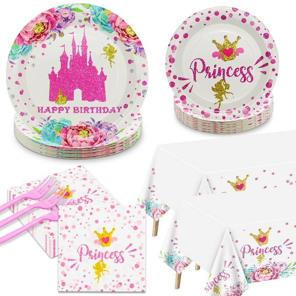 Princess Party Decorations - 162 pcs Castle Decorations Including Pink Paper Plates, Princess Napkins, and Tablecloth for Princess Belle Birthday Party Decorations Princess Party Supplies, Serve 40