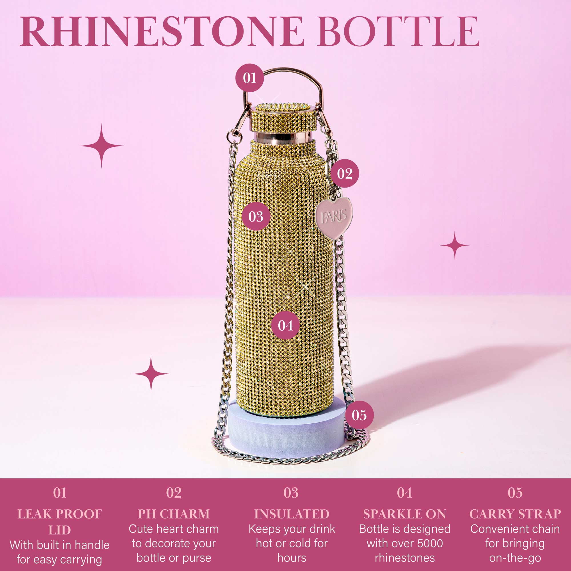 Paris Hilton Rhinestone Stainless Steel Water Bottle with Carry Strap, Gold, 25 fluid ounces