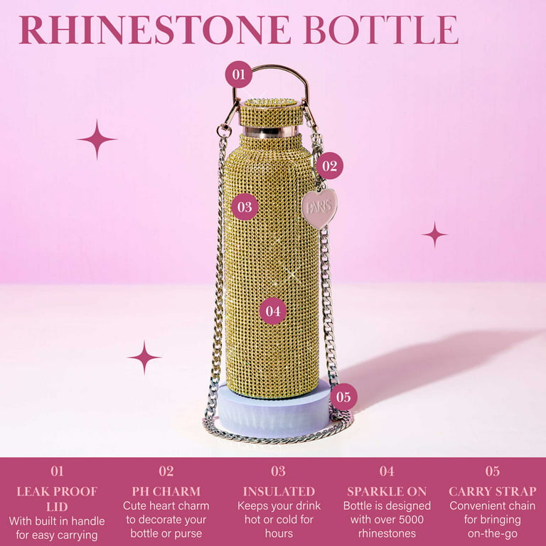 Paris Hilton Rhinestone Stainless Steel Water Bottle with Carry Strap, Gold, 25 Fluid Ounces
