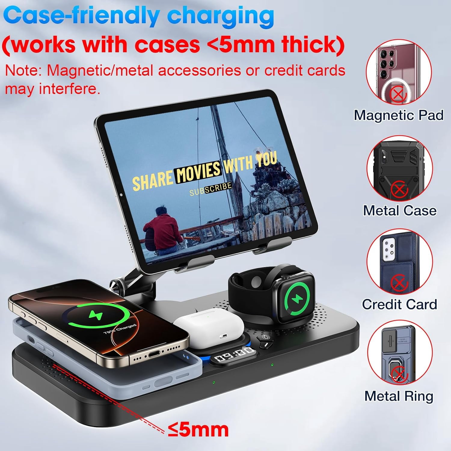 6 in 1 Wireless Charger for Apple Device, 30W Foldable Charging Station for ipad with Clock & 7 Color Ambient Light, Nightstand Wireless Charger for iPhone 16/15/14/iWatch Series/AirPods 4/3(Black)
