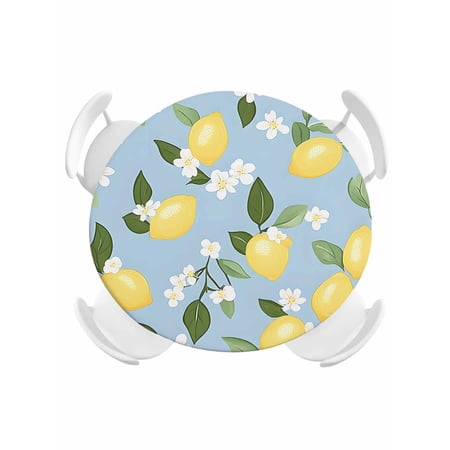 Round Fitted Tablecloth Summer Lemon Green Leaves Flower Circle Table Cover Waterproof Table Cloth with Elastic Edge Wildflowers on Blue Outdoor Tablecloths for Kitchen Picnic 36-44in