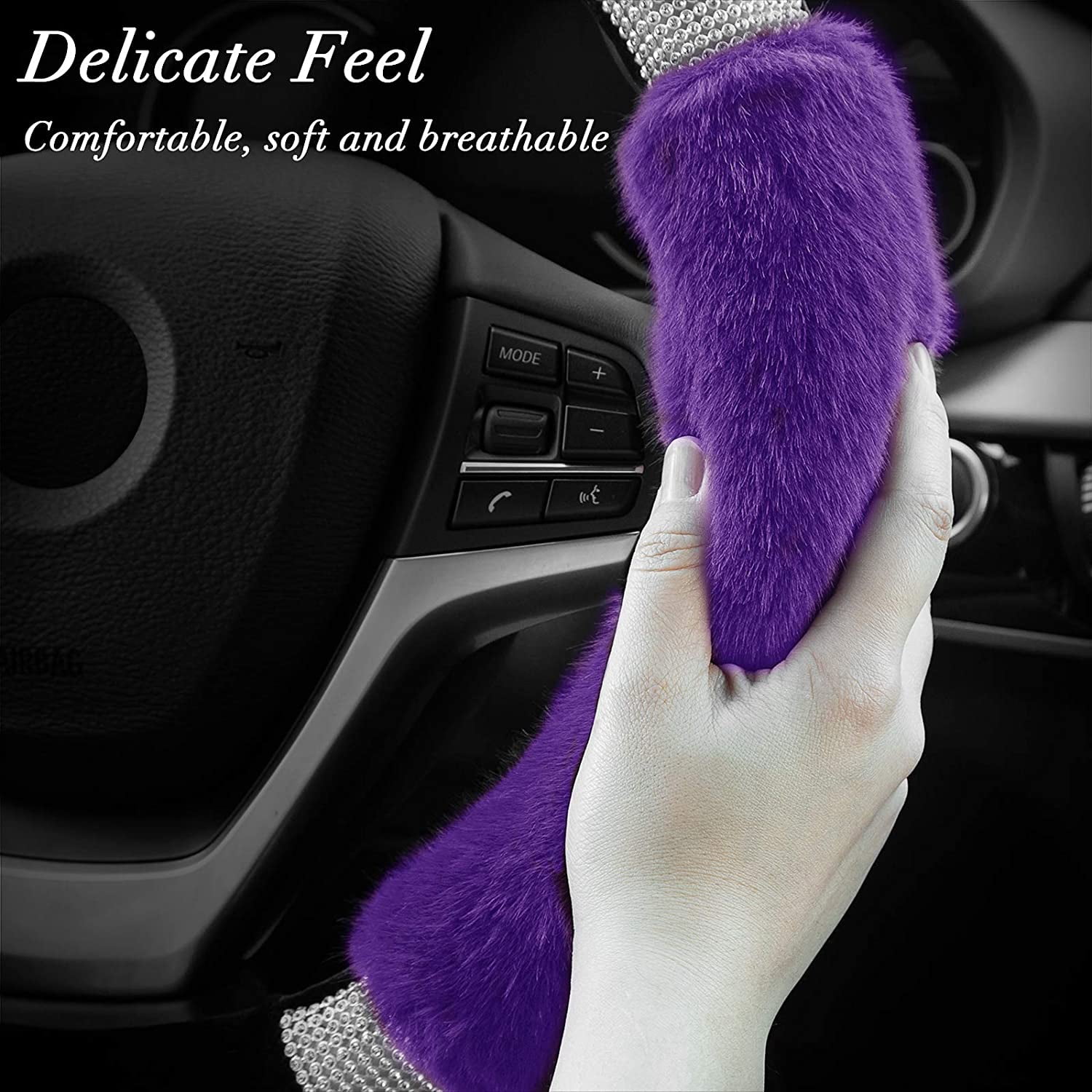 Rhinestone Fluffy Steering Wheel Cover Comfortable Non-Slip Luxury Faux Wool, Universal Fit for 14.5-15 Inches Steering Wheels