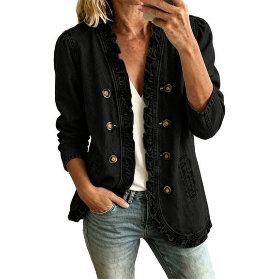 MaFYtyTPR Women Open Front Denim Jackets Ruffle Casual Long Sleeve Cardigan Tops 2026 Trendy Jean Coat With Pockets A-Black L