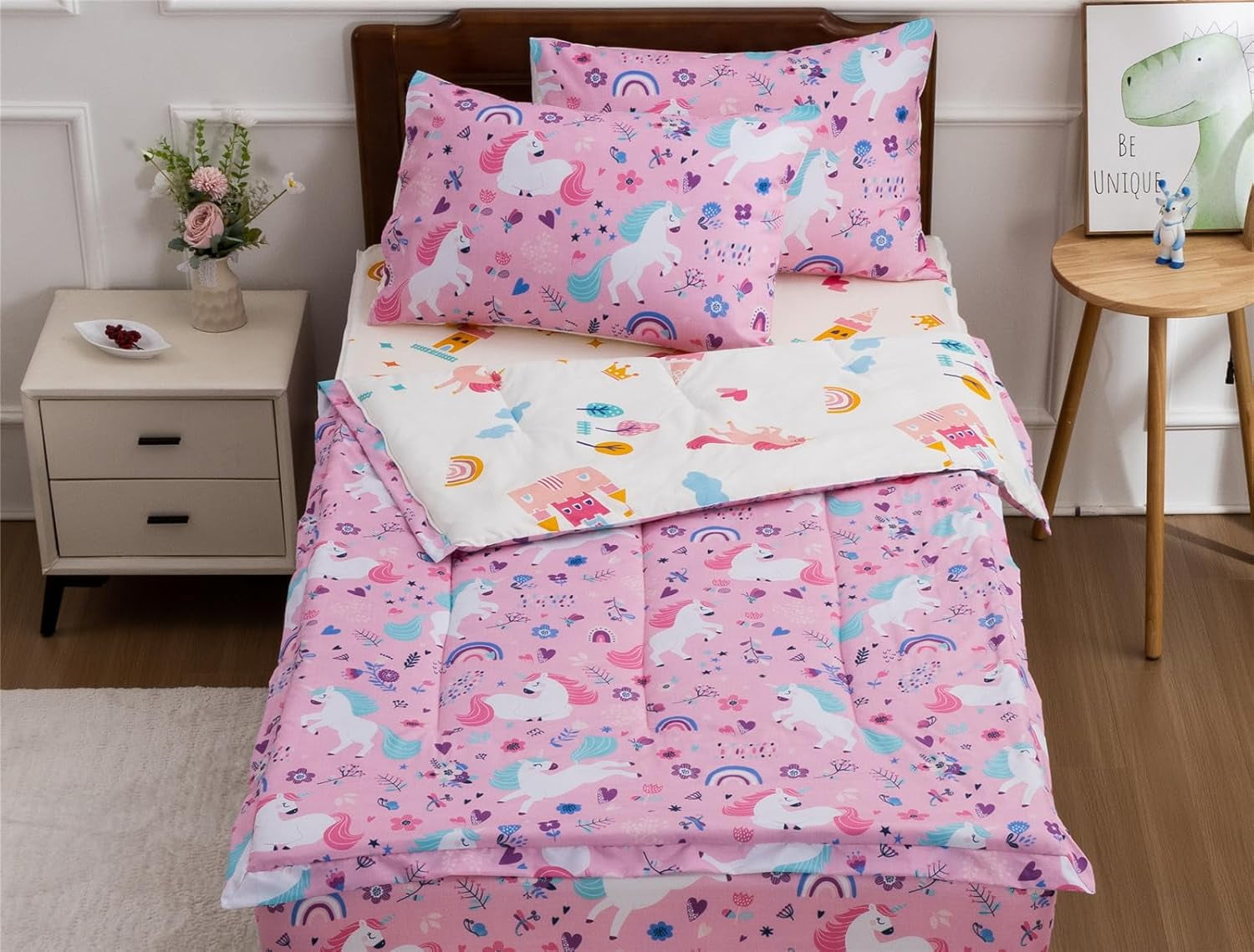 NTBED 3pcs Kids Comforter Sets Zipper Bedding Set for Girls,Twin Kid Bedding Set Rainbow Comforter Unicorn Bedding Set for Kid,All in one Zipper Bedding(Pink，Twin)