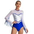 thumbnail image 3 of Doomiva Women Sequin Latin Dance Leotard Tassel Long Sleeve Dance Bodysuit Gymnastic Dancewear Silver&Blue XXL, 3 of 7