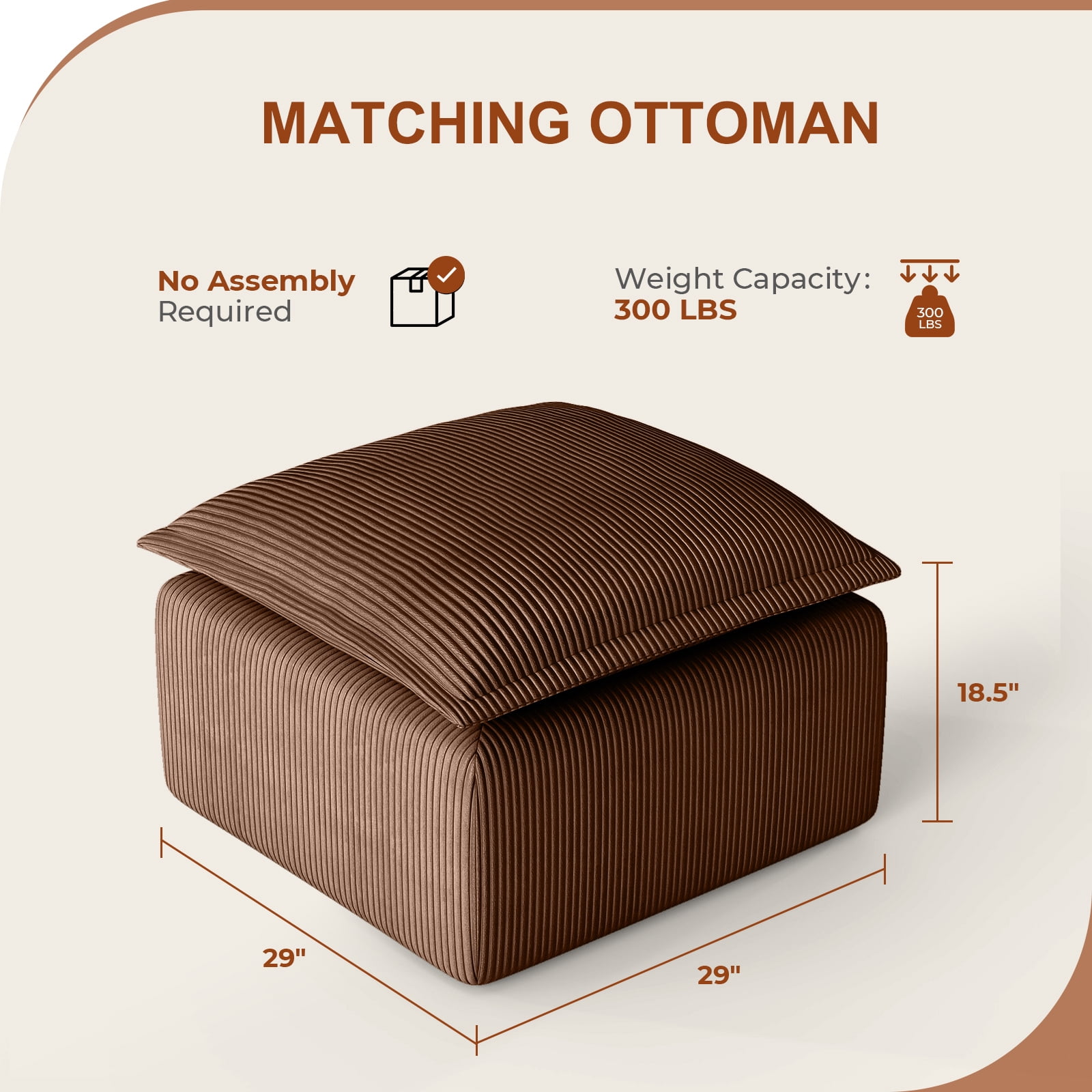 Corduroy Ottoman Pouf for Modular Sectional Sofa Upholstered Footrest Stool for Living Room Brown