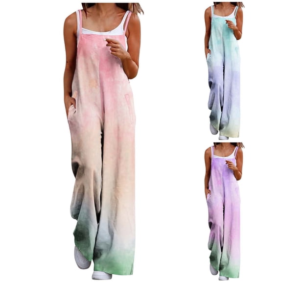 Women's Fashion Casual Loose Fit Printed Sleeveless Jumpsuit with Back Strap, Functional Side Pockets for Summer Travel, Beach Vacation, or Daily Wear, Versatile | CSEONE,Light Blue L