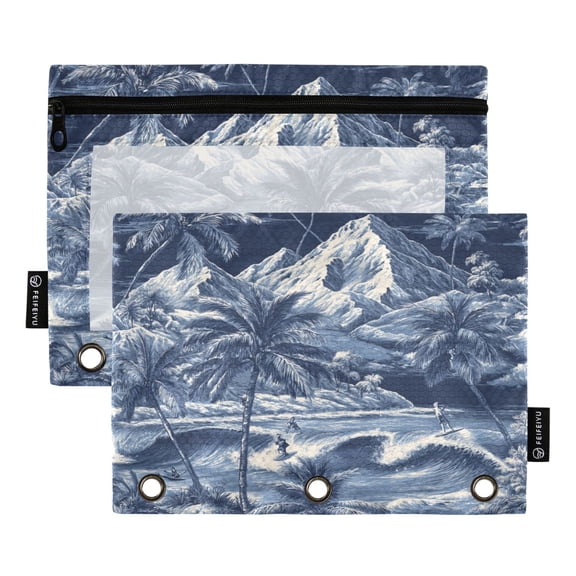 2 Pack 3 Ring Binder Pouch with Clear PVC Window Water Resistant Zipper Pencil Pouch Surfers Binder Pocket for Classroom Office Home Stationery Organization