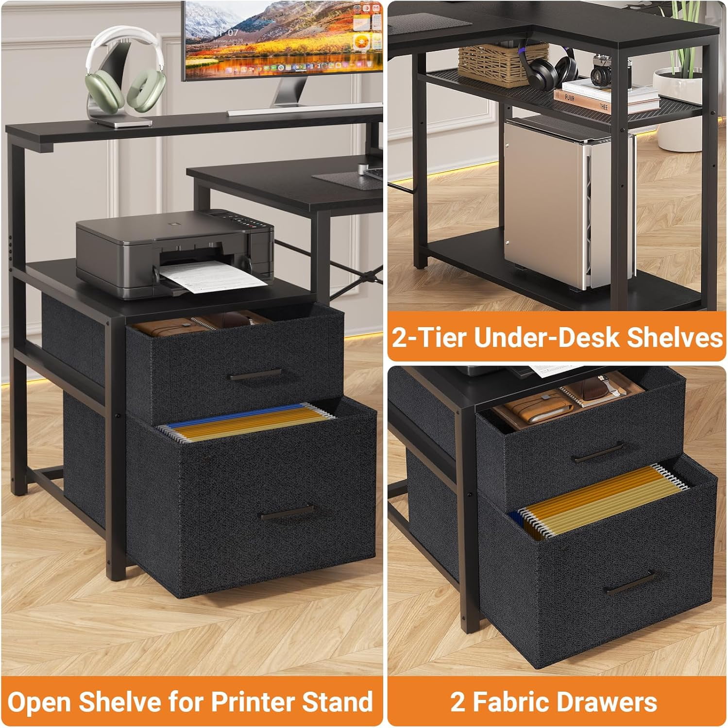 Homieasy L Shaped Desk with Drawer, Reversible L Shaped Gaming Desk with Power Outlet & LED Strip, Home Office Desk with Monitor Shelf, Corner Desk with Storage Shelves,Black