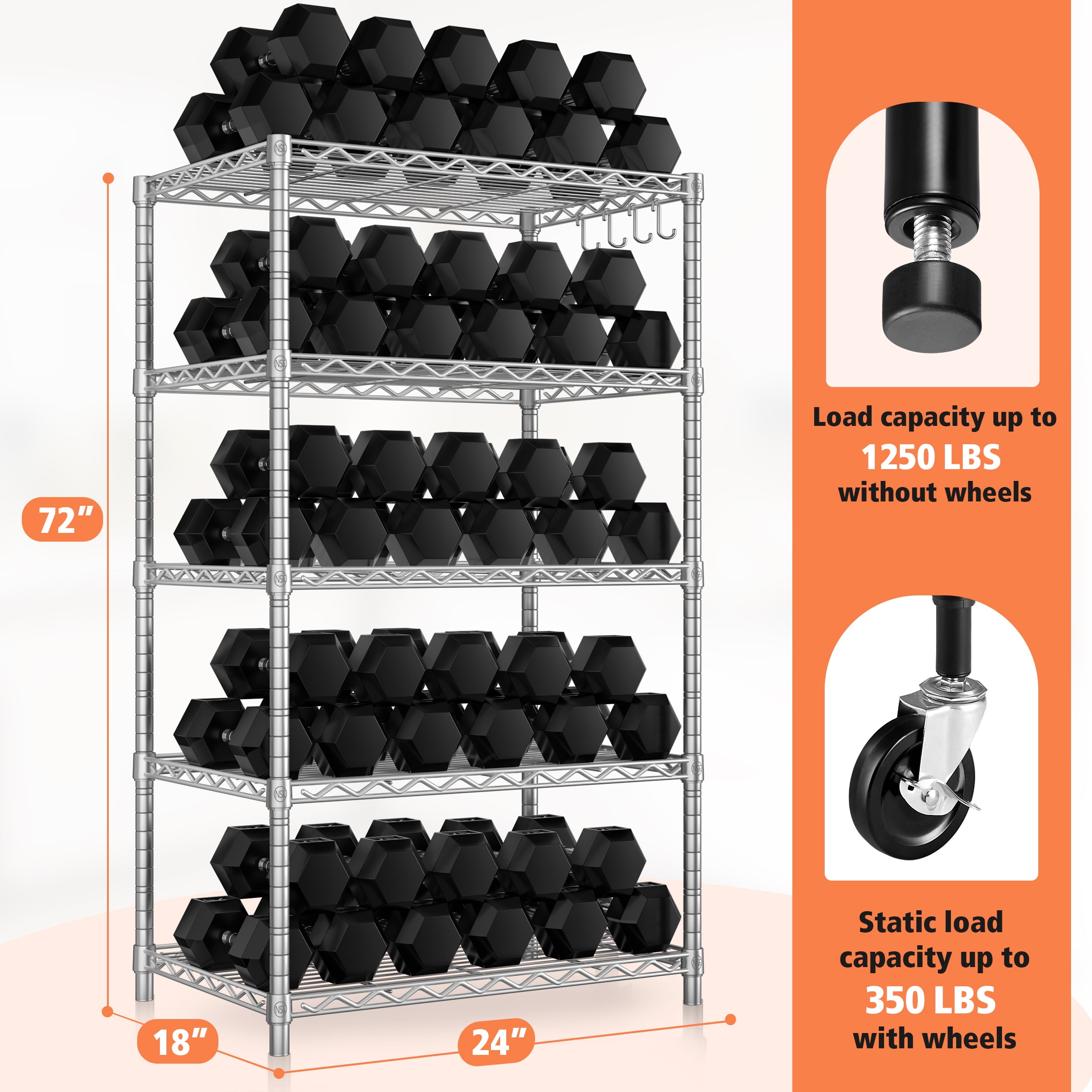 Prilinex 5 Tier Wire Shelving with Wheels 24"W x 18"D x 75"H Steel Storage Shelves, Adjustable Garage Shelves Organizer, Pantry Rack Rolling Metal Shelf 24"W x 18"D x 72"H, Chrome