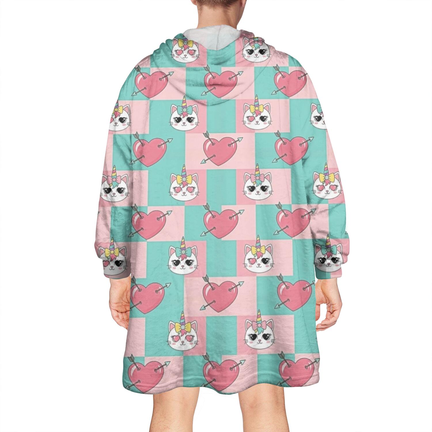 Wearable Oversized Blanket,Checkered Cartoon Cat Unicorn Heart Wearable Blanket Hoodie for Adults,Cozy Hooded Blankets with Super Pockets,Super Warm Fuzzy Pullover for Women & Men