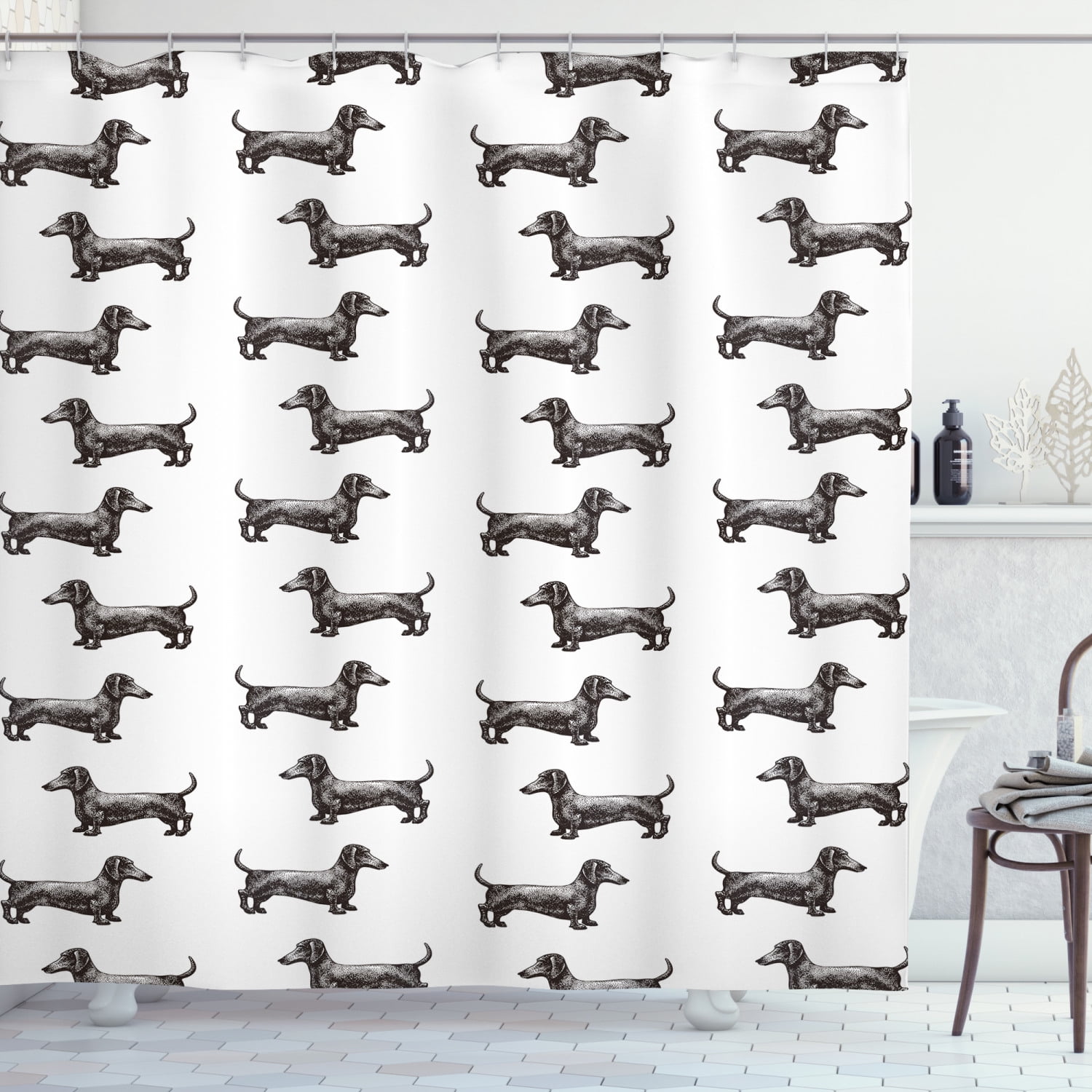 Dachshund Shower Curtain, Pattern Lines with Sweet Sausage Dog Looking