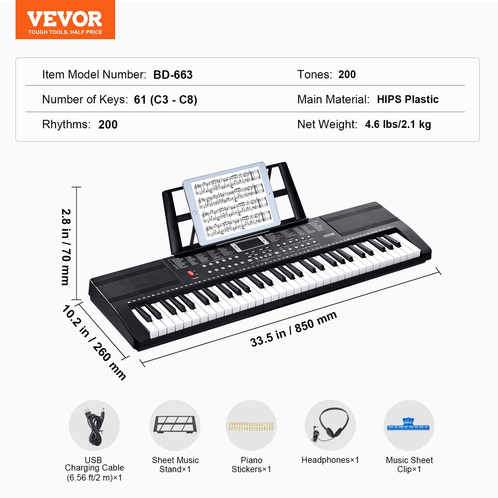 VEVOR 61 Key Digital Keyboard Piano, 200 Tones & Rhythms,60 Demo Songs Built-In Dual Speakers Headphones, Portable Piano Keyboard Kit for Beginners