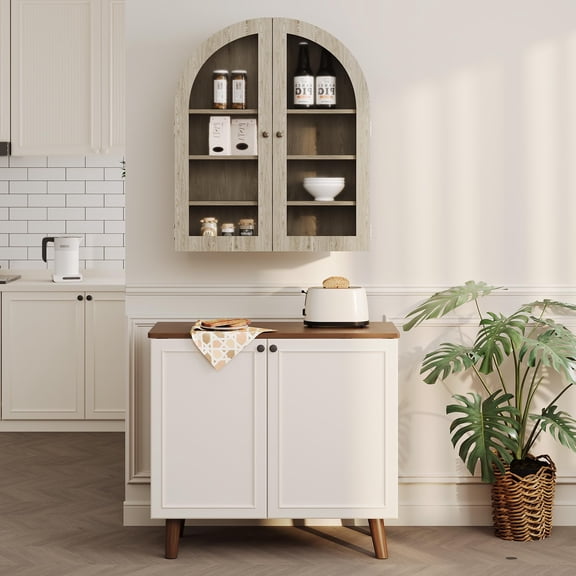 Hanging Arched Wall Bathroom Cabinet with Glass Doors & Adjustable Shelves, Modern Wood Wall Mounted Storage Cabinet for Bathroom, Kitchen, Laundry Room, Apartments, Vanity, Medicine