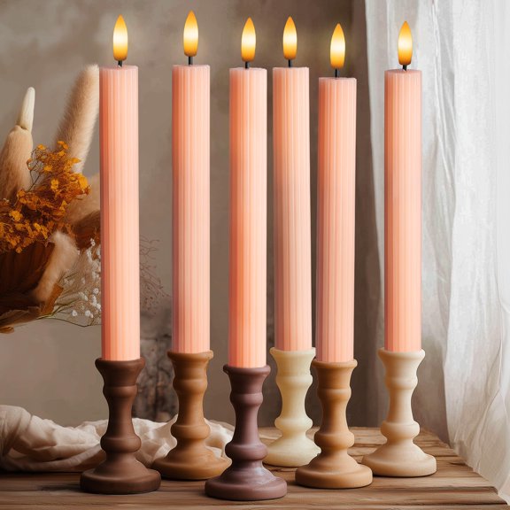 WYZworks 10" Fluted Ribbed LED Pink Peach Grooved Pillar Candles, Remote & 24h Timer Memory, On/Off Switch - Flameless Dimmable Battery Operated w/Flicker Mode, Home Wedding Decor (6 Pack)