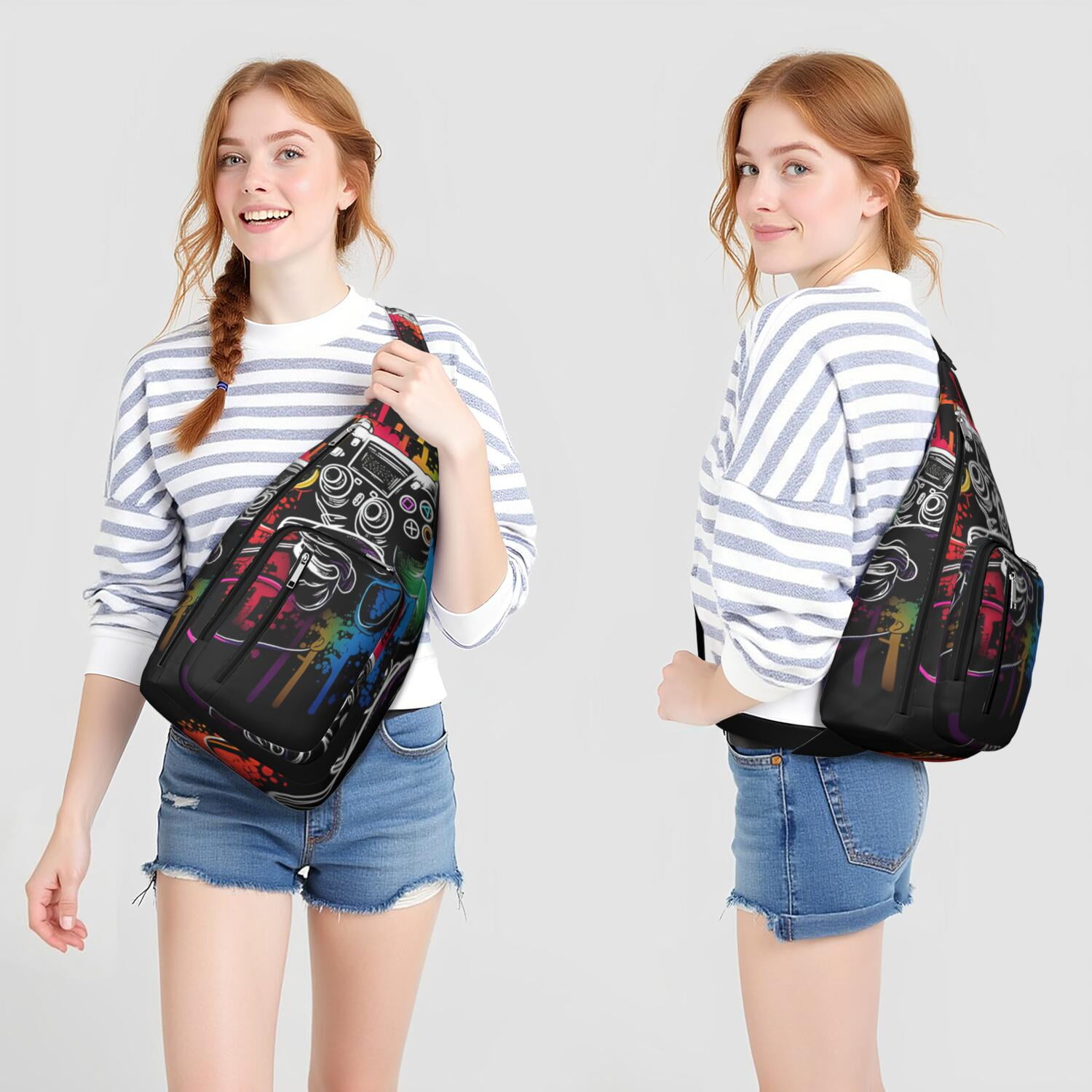 Gaming Controller Print Sling Bag&nbsp;- Cool Retro Joystick Pattern Crossbody Backpack for Gamers, Water-Resistant Shoulder Pack (Colorful Graffiti Design, Lightweight & Durable)