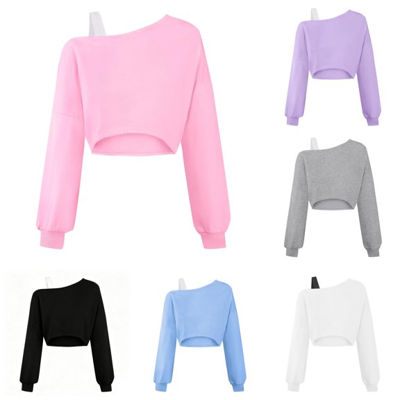 SUXIAN Girls Workout Blouses Off Shoulder Asymmetrical Long Sleeve Cute Crop Top Sweatshirt Style Girls Going Out Blouses Pink 9-10 Years