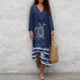 thumbnail image 2 of SCRAWLGOD Sea Turtle Starfish Print Navy Blue Linen Texture Dress for Women, 3/4 Sleeve Polyester Tunic Dress, V Neck Plus Size Summer Dresses, Loose Fit Soft Flowy Sundresses, 4XL, 2 of 6