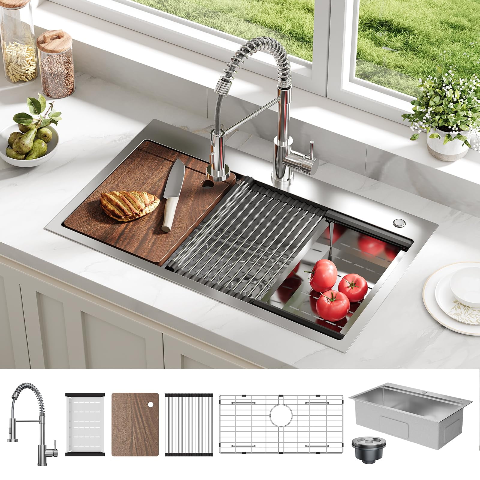 Garvee 30*18*9inch Drop-In Stainless Steel Bowl Sink, Quiet Sound-Deadening, X-Shaped Drain for Kitchen, Bar, Black