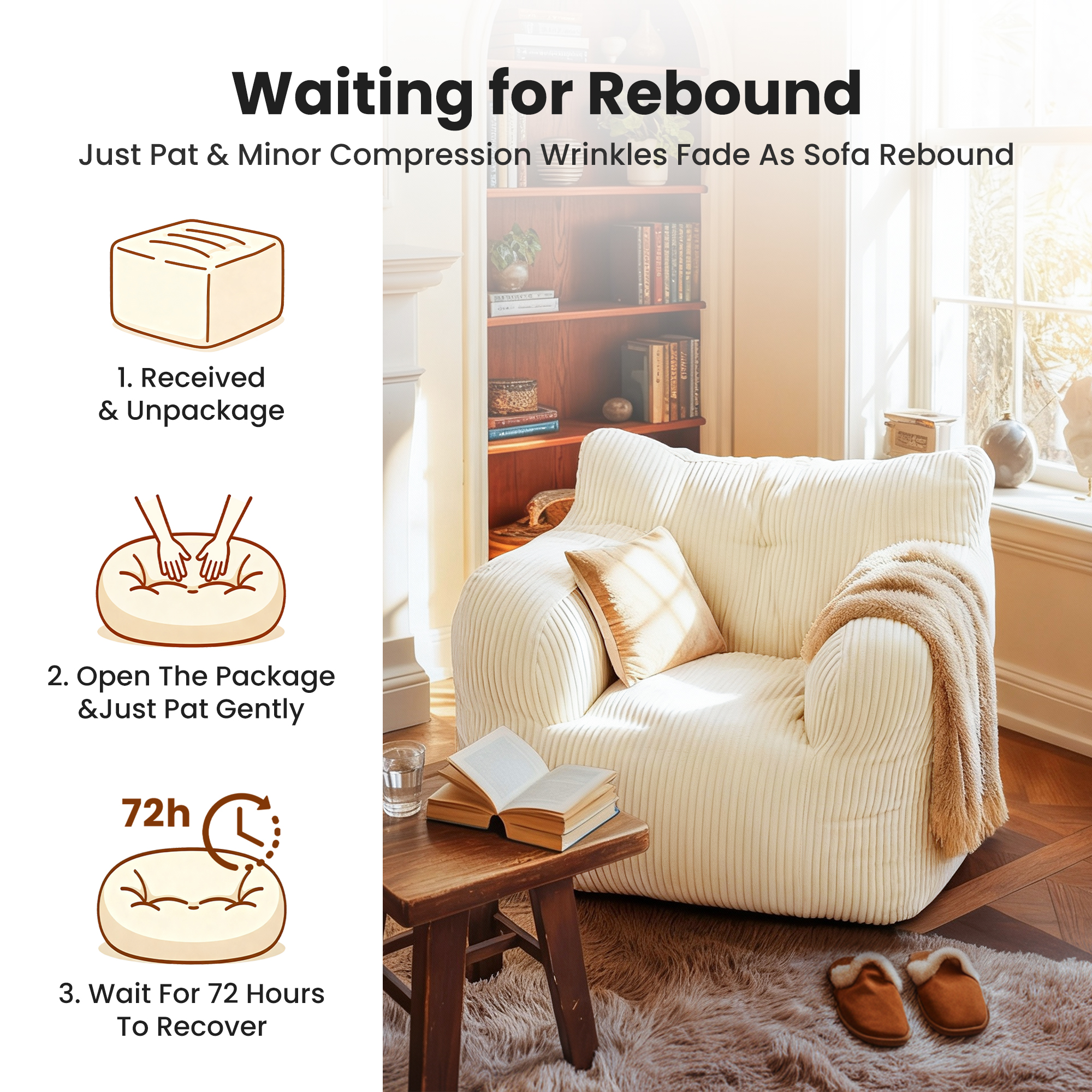 Foam Filled Bean Bag Chair, Plush Corduroy Lazy Sofa