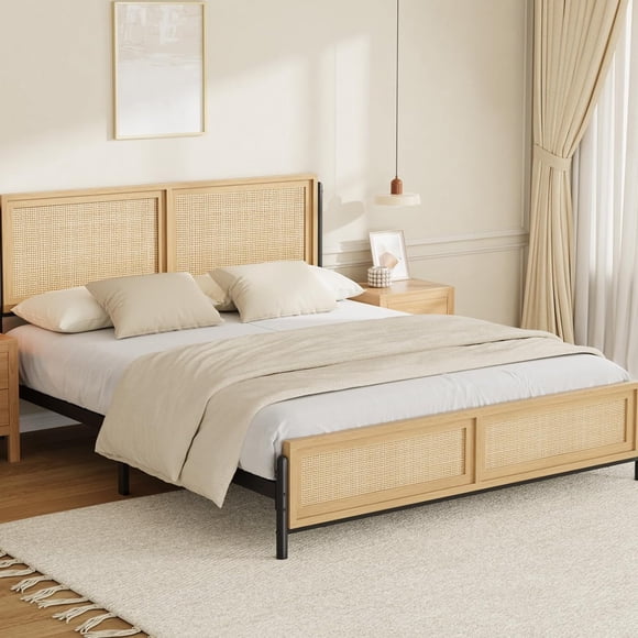 GloryStar Rattan Headboard and Footboard Full Bed Frame, Natural Boho Style Wooden Frame, Easy Assembly, Noise-Free, No Box Spring Required