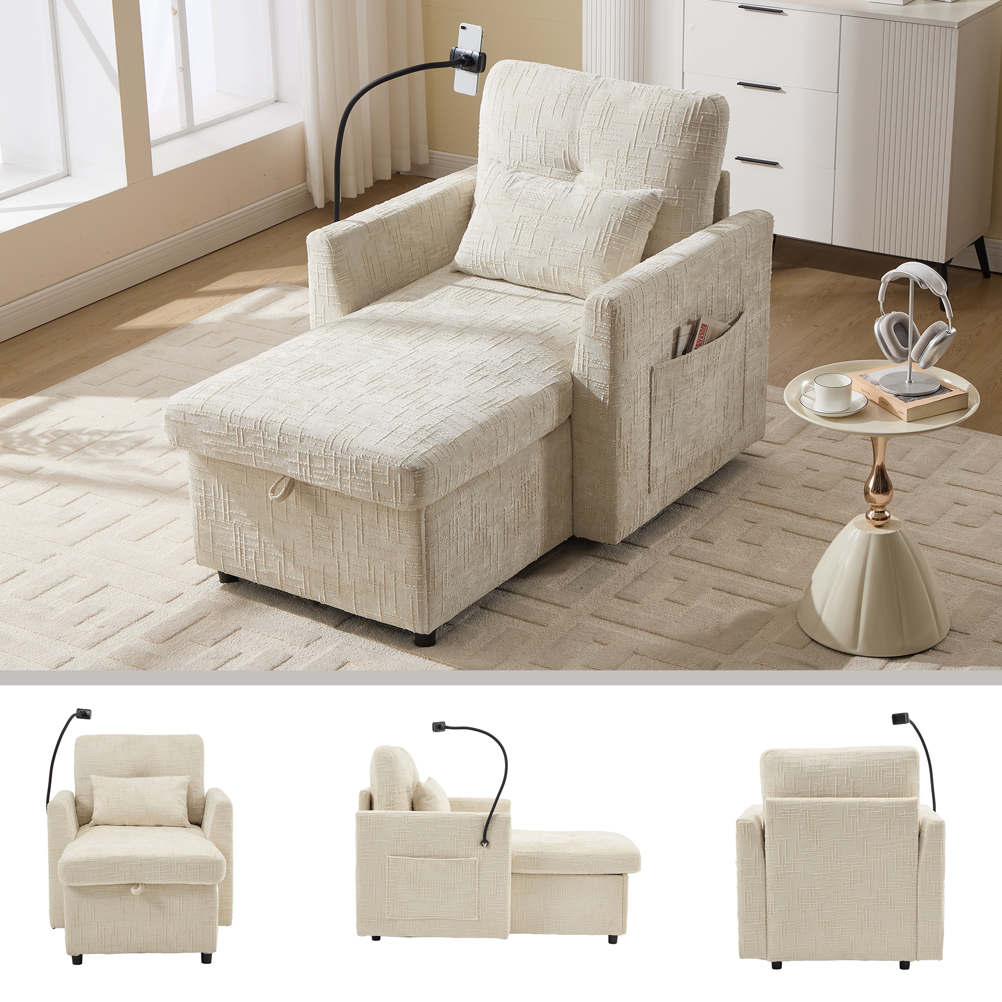 MOONMISS Chenille Upholstered Storage Lazy Single Leisure Chair Sofa with Phone Holder&Side Pocket-Beige