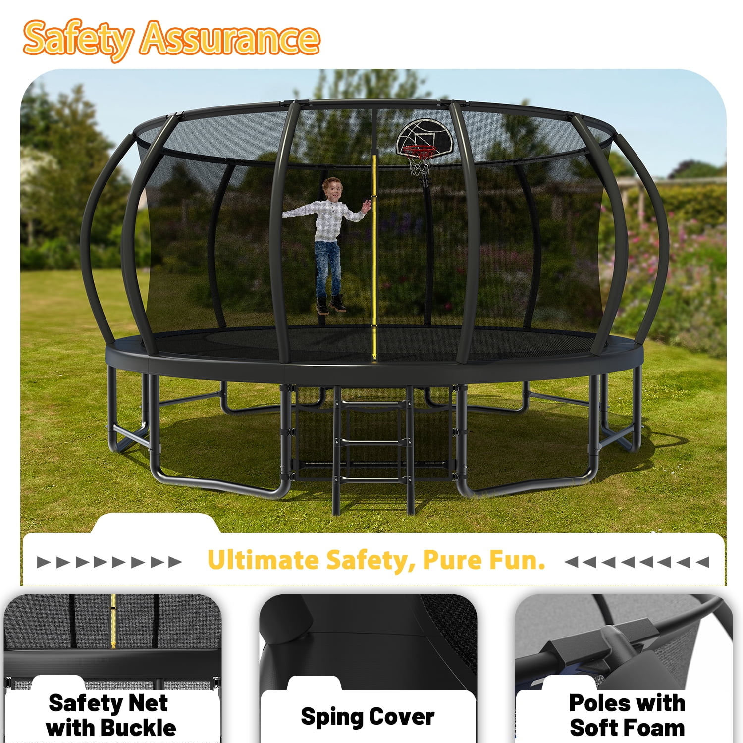 Leumius 16FT Trampoline with Enclosure Net,Outdoor Heavy Duty Pumpkin Trampolines with Curved Poles,Recreational Trampolines with Ladder and Basketball Hoop for Kids and Adults,Black