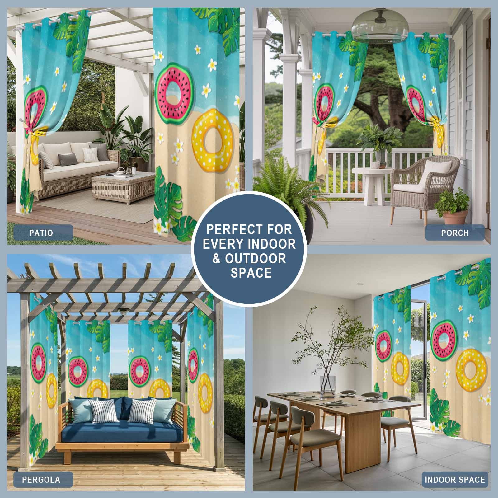 Summer Floral Outdoor Curtains for Patio, Tropical Leaves Watermelon Swimming Rings Beach Sunshade Privacy Drapes Grommet Waterproof Outside Curtains for Porch/Cabana/Balcony 54"x 108", 1 Panel