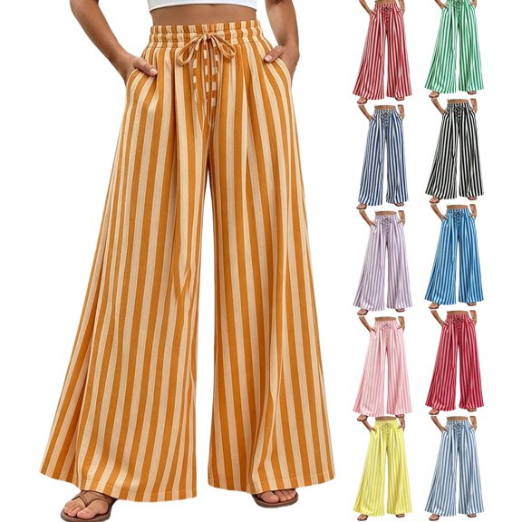 IMENGL Women's Wide Leg Pants Soft Summer Striped Straight Elastic Waist Trousers Loose Casual Cropped Pant for Womens,M-XXL
