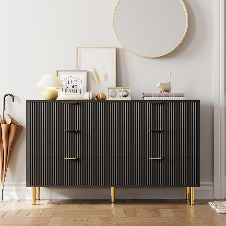 Black Dresser, Modern 6 Drawer Dresser for Bedroom with Gold Handle and Large Drawer, Wood Double Chest of Drawers and Storage Organizer for Living Room, Hallway, Entryway