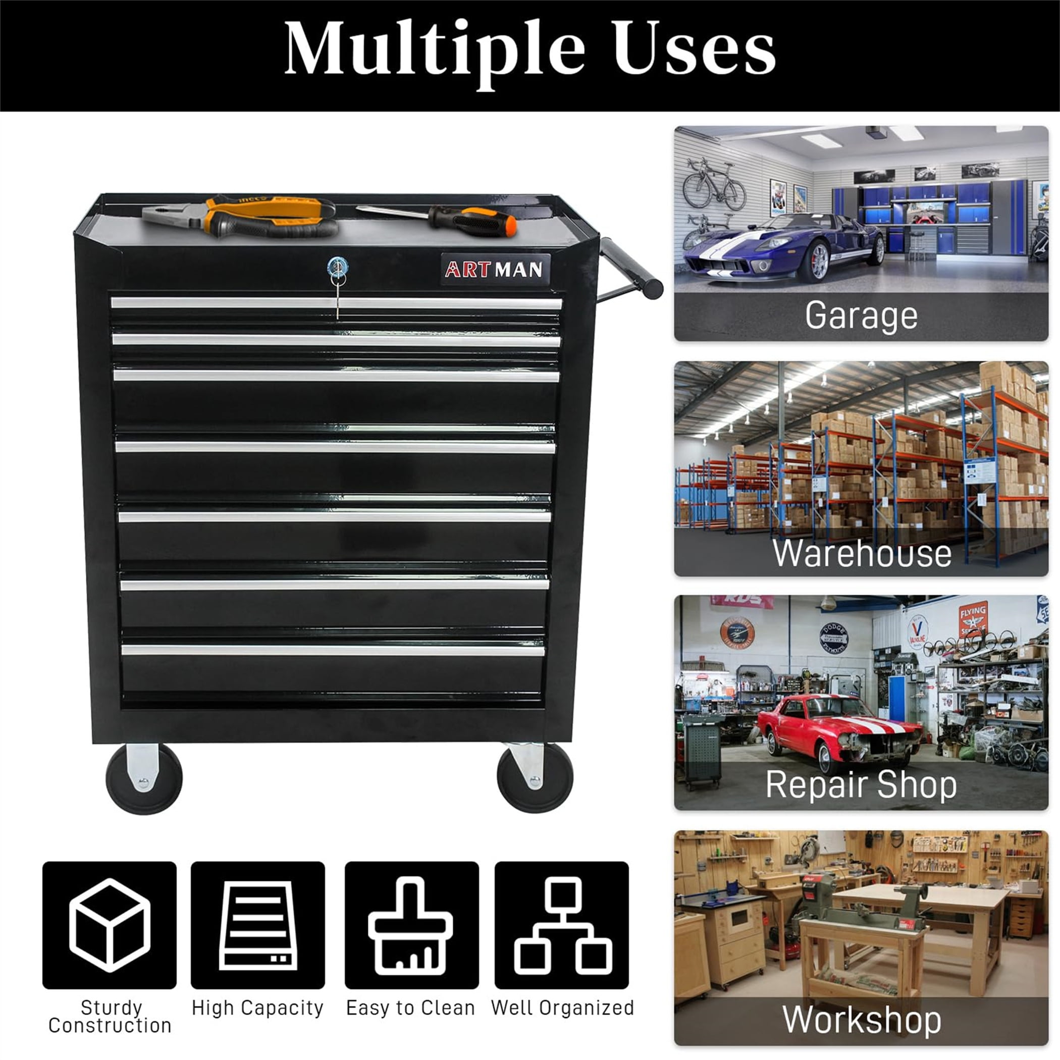 Aukfa Tool Box, 24.5 in 7-Drawer Steel Rolling Tool Chest on Wheels for Workshop Garage, Black