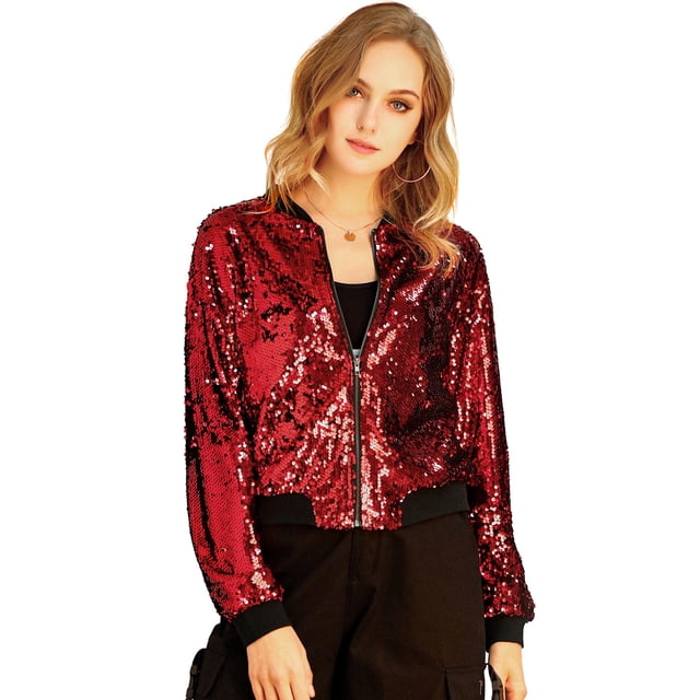 Chaqueta De Bombardero De Lentejuelas Allegra K Rojo S