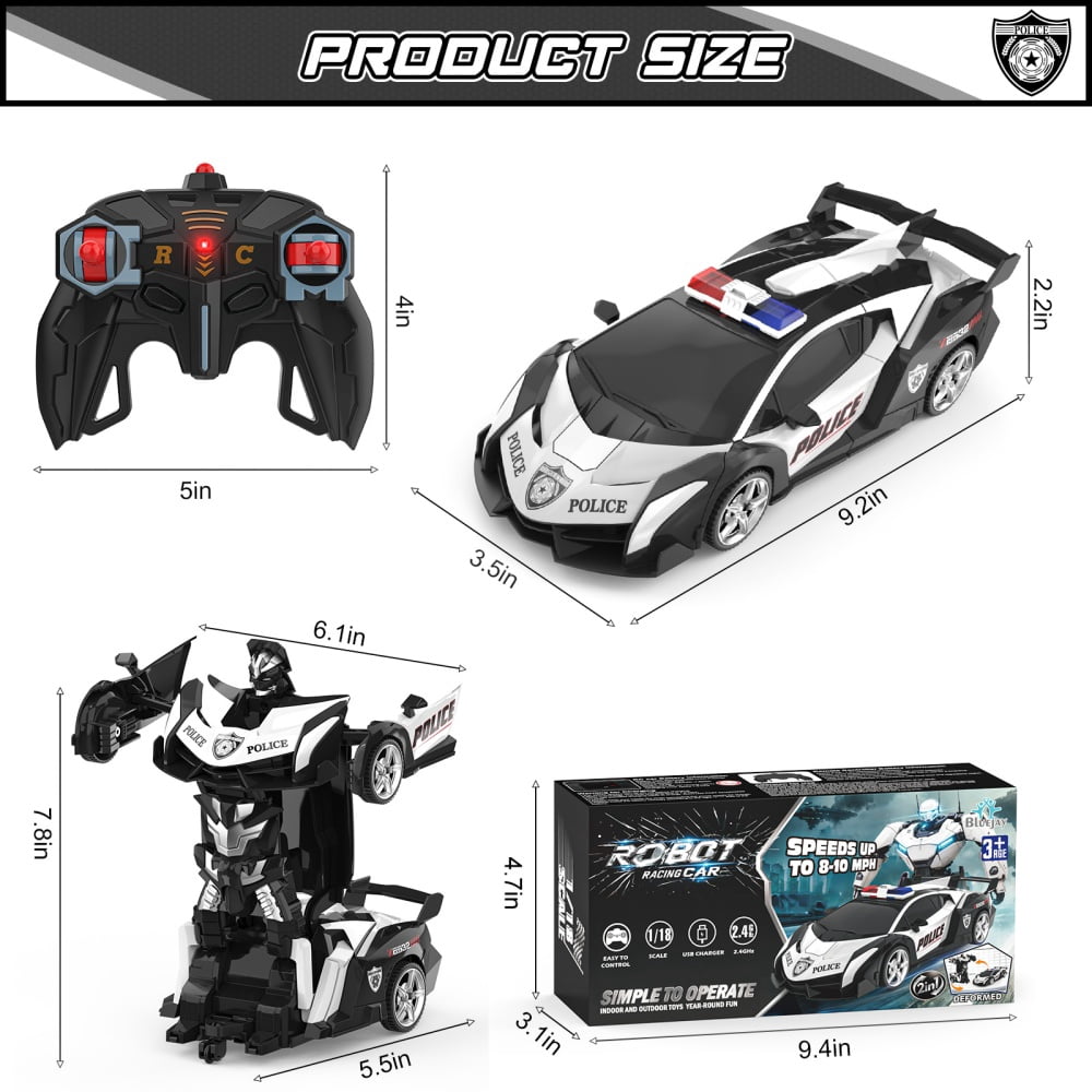 Wupuaait 2.4Ghz Transform Rc Cars 1:18 Scale Remote Control Car Transforming Robot, One-Button Deformation 360° Rotation Car Toy Gifts for Boys 3-12, Police