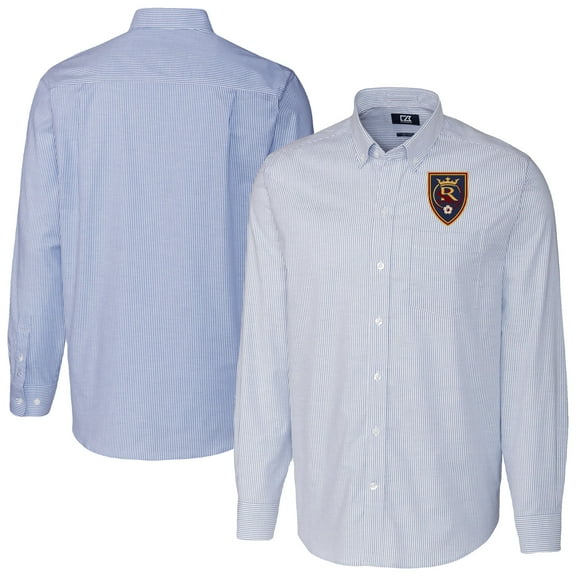 Men's-Cutter & Buck  Blue Real Salt Lake Stretch Oxford Stripe Tri-Blend Long Sleeve Button-Down Shirt
