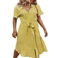 thumbnail image 4 of Femmes Bouton vers le Bas Midi Robe à Manches Courtes Imprimé Floral Ceinturé Robe Chemise en Vrac, 4 of 7