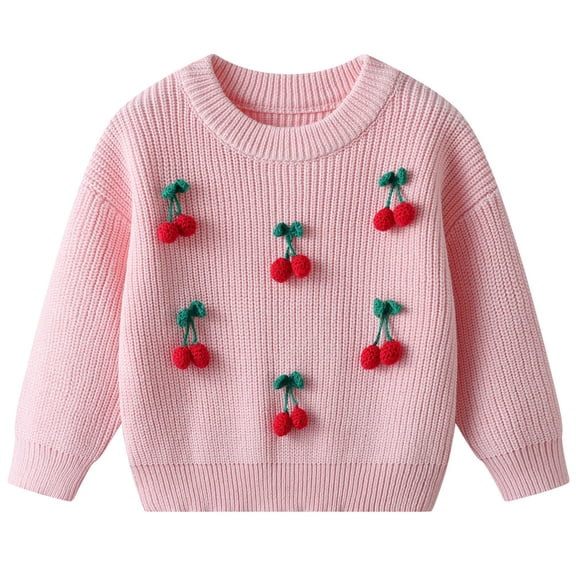 CPNG Toddler Newborn Baby Girls Knitted Sweaters Round Neck Long Sleeve Pullover Top with 3D Cherry Decor Autumn Winter Soft Warm Casual Sweaters