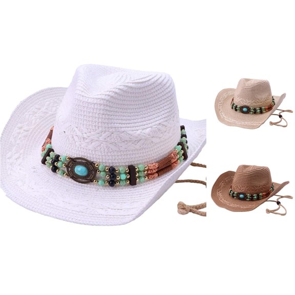 Jane Wardrobe Boho Western Straw Cowboy Hat for Women, Beaded Band with Chin Strap, Panama Style UV Protection Sun Hat, 1 Piece, One Size