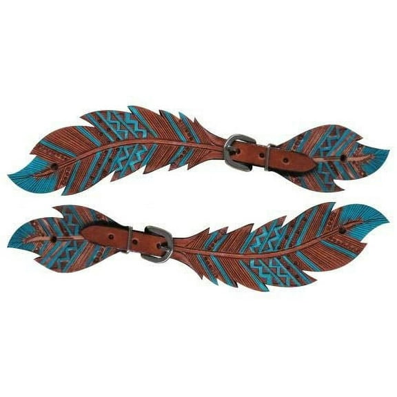 Showman Ladies Size Leather Teal Painted Cut-Out Feather Spur Straps