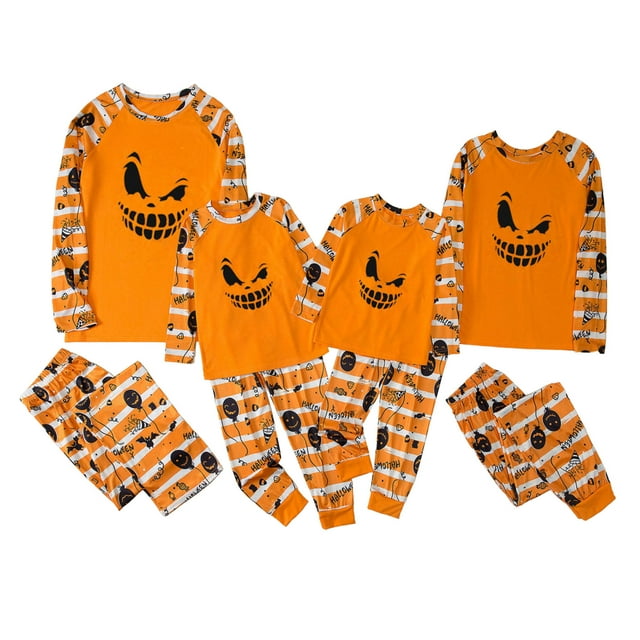 FOCUSNORM Blouse Assortie Famille Halloween Rayée Citrouille Col Rond Manches Longues + Pantalon de Pyjama