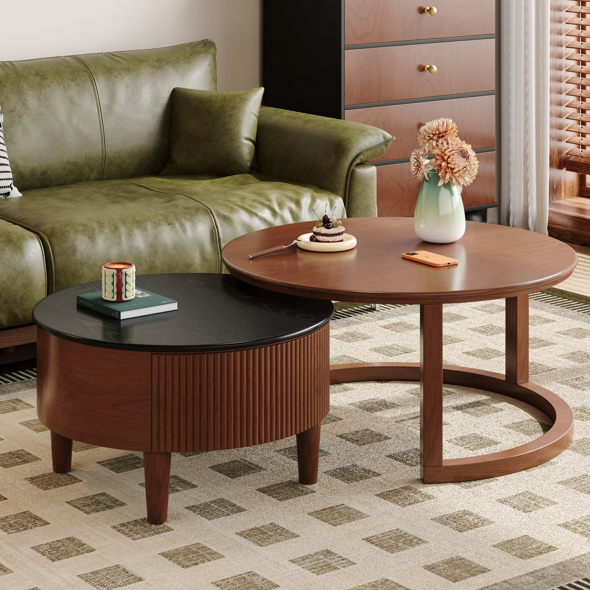 Euroco Vintage Round Nesting Coffee Table Fluted with Drawer in Black & Walnut in 31.5''