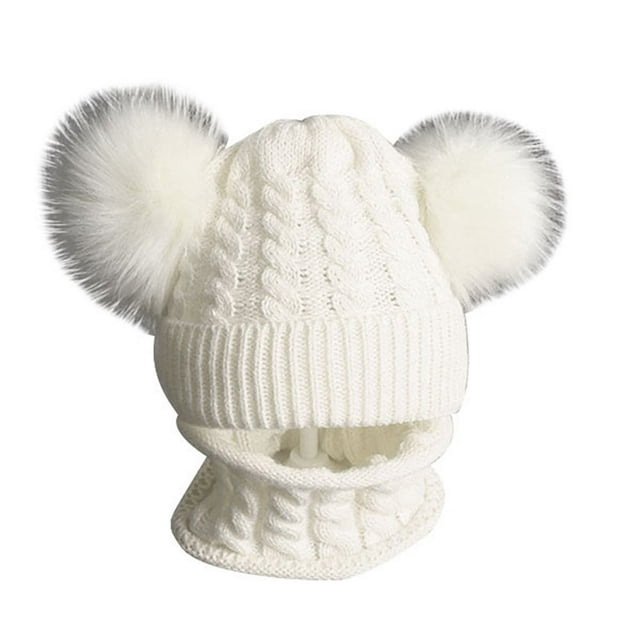 Children Winter Braid Knitted Beanie Cap Double Pompom Warm Neck Hat Scarf Set