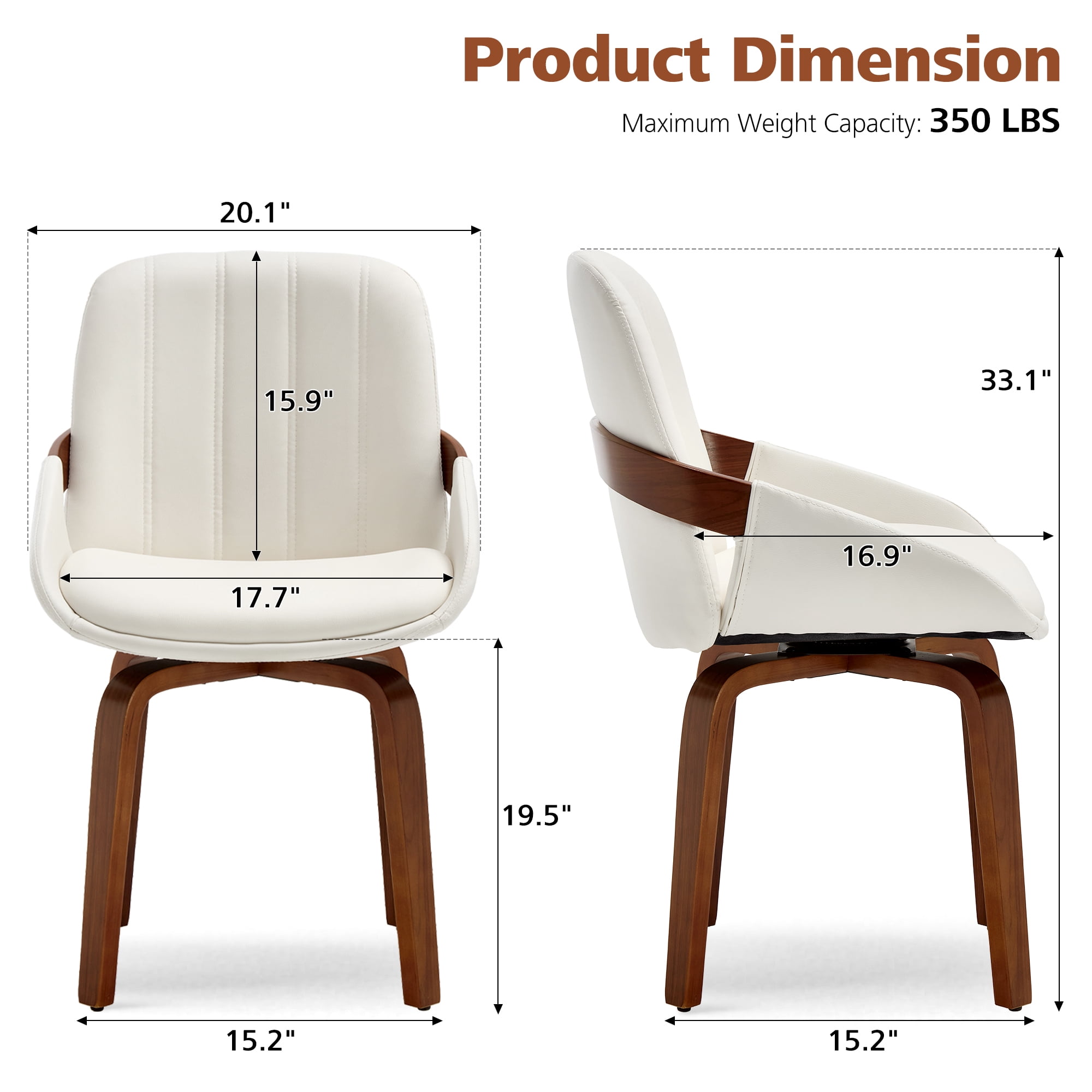 Fahomiss Swivel Dining Chairs Set of 2, Mid-Century Modern White Leather Kitchen Chairs with Bentwood Legs