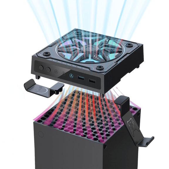 Arcticwind Cooling fan for Xbox Series X console, low-noise top fan with 3-speed settings, dustproof, Independent touch switch,featuring 6 RGB LED lighting modes, USB port, and headphone stand