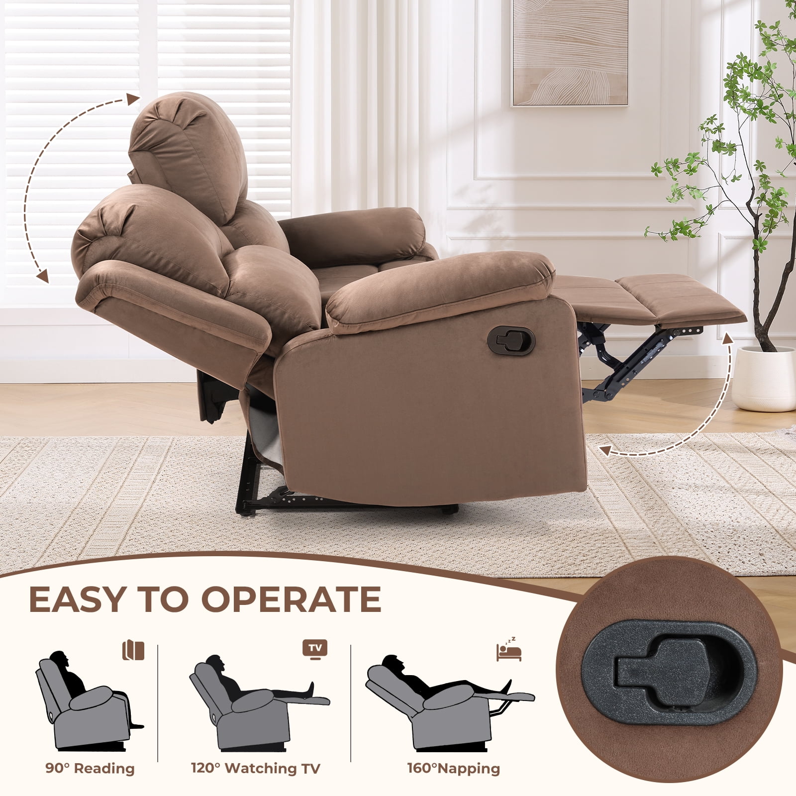 Bonzy Home Manual Loveseat Recliner Sofa — Soft 2-Seat Reclining Couch with Overstuffed Arms & Back, Brown
