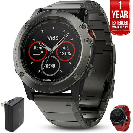 Garmin Fenix 5 Sapphire Multisport 47mm GPS Watch Slate Gray with Metal Band (010-01688-20) with Universal USB Travel Wall Charger, Silicon Wrist Band for Garmin Fenix 5 & 1 Year Extended