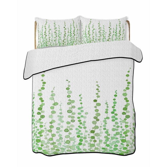 Twin XL Quilt Bedding Set, Green Polka Dots Reversible Summer Quilt 3 Pieces, Watercolor Abstract Art Lightweight Bedspreads Coverlets with 2 Pillow Shams for All Seasons