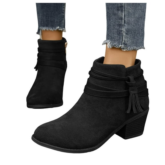 Tassel Boots for Women 2025 Fashion Fringe Suede Pointed Toe Stacked Mid Heel Mid Calf Short Ankle Booties
