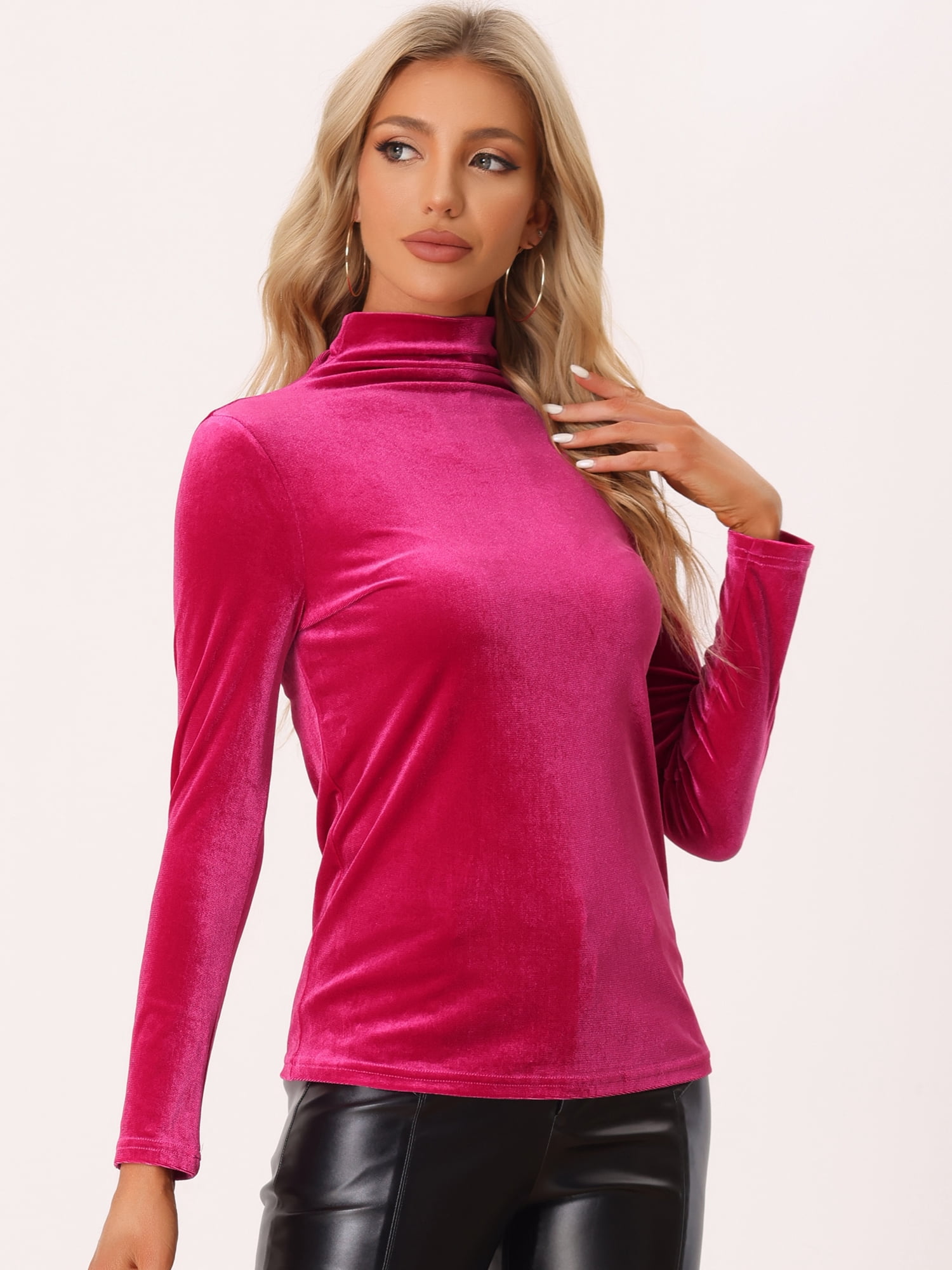 DARING DIVA Turtleneck Stretchy Velvet Basic Blouse L Hot Pink