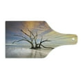 thumbnail image 2 of Driftwood Cutting Board, Seascape Theme Dead Tree Driftwood in the Ocean at Sunset Landscape Print, Tempered Glass Cutting and Serving Board, Wine Bottle Shape, Beige and Orange, by Ambesonne, 2 of 5